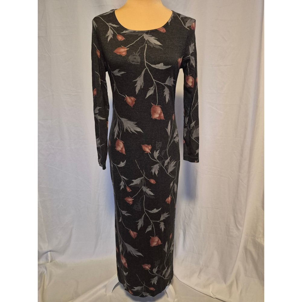 DBY Ltd Vintage Floral Maxi Dress Long Sleeve Keyhole Back Charcoal Gray S